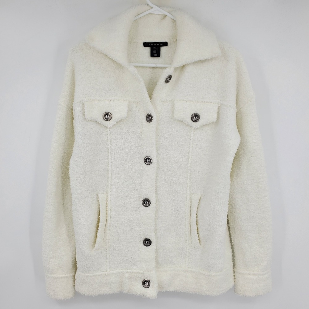 Tahari Womens White Sherpa Shacket Button Front‎ Teddy Shirt Jacket Size Medium